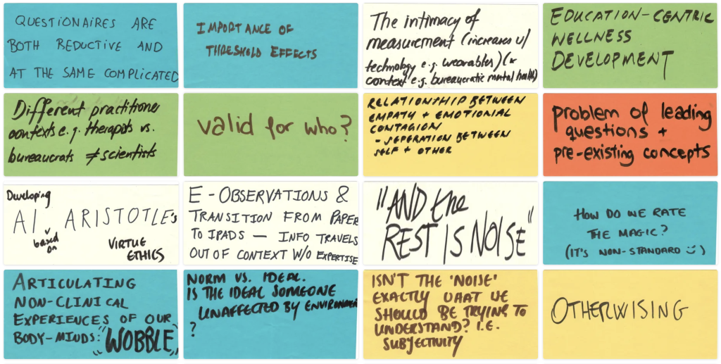 Wall of Sticky Notes with Measurement Heresies Handwritten on Them